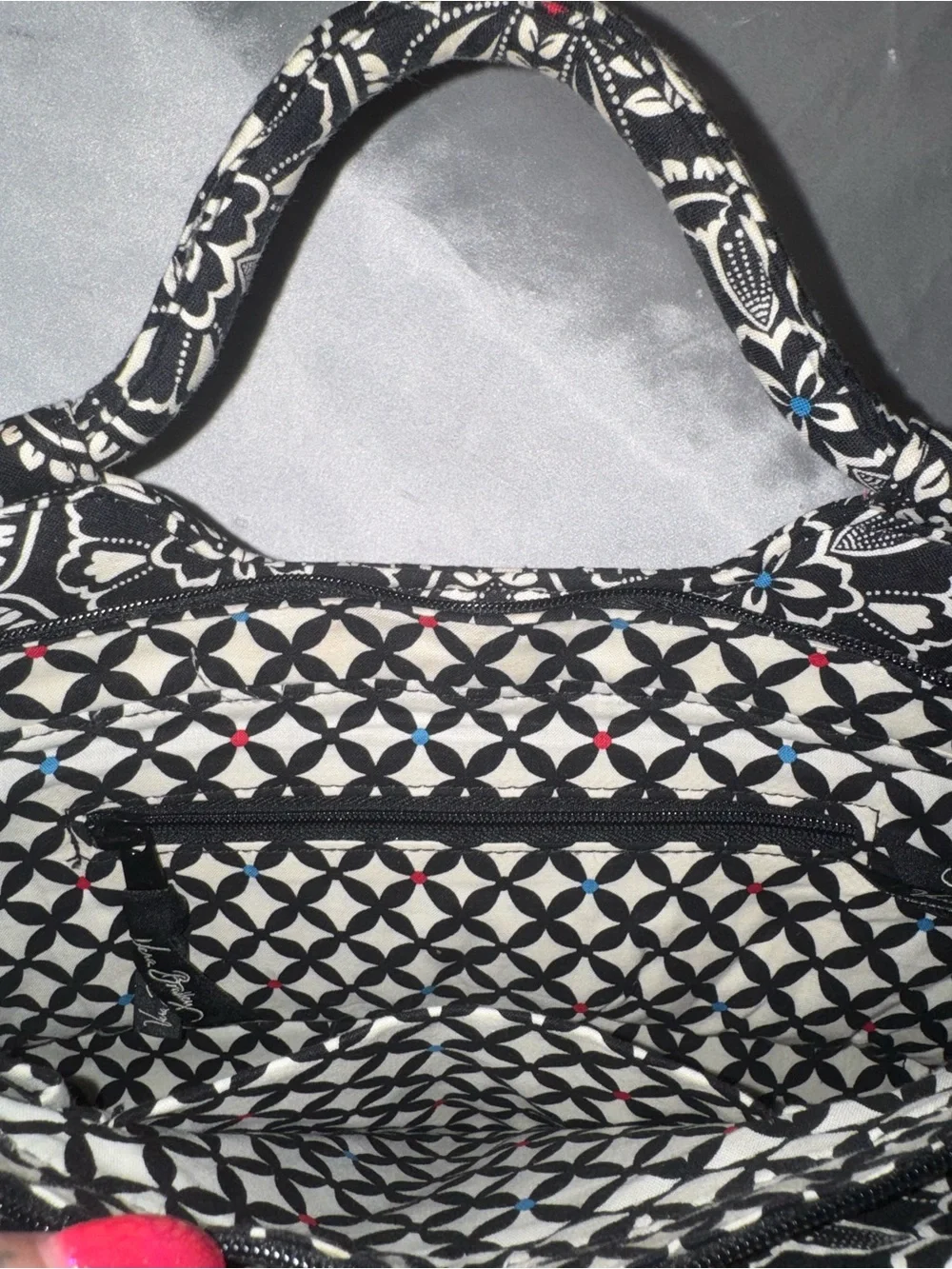 Vera Bradley Black & White Quilted Tote with Multicolor Stripe Detail
